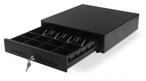 Денежный ящик GlobalPOS KER-410, черный, (EPSON-совместимый), 410х420х100мм, 5 банкнот/8 монет, соленоид 24В, датчик открытия